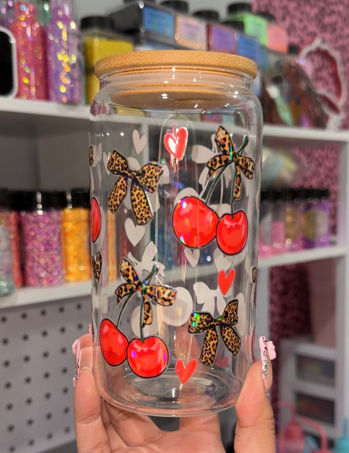 16oz Glass Cup Cheetah Cherry Bows🐆🍒